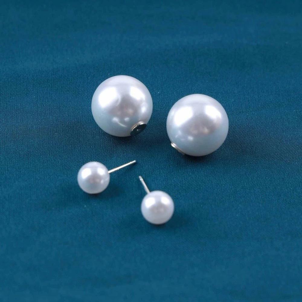 Anthropologie Shashi “Fenmore” Double Ball Pearl Dual Front Back Post Ear Jacket - Picture 4 of 16